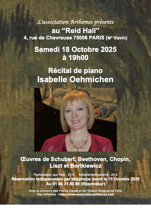 Récital de piano, 18 Octobre 2025 à 19h, Reid Hall, Paris